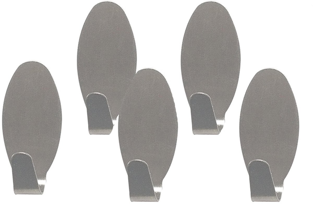 CHPN - Kleine zelfklevende haakjes - RVS haakjes - 3CM hoog - 5 stuks - Rvs - Handdoekhaakjes - Met zelfklevende strip - Badkamerhaakjes - Keukenhaakjes