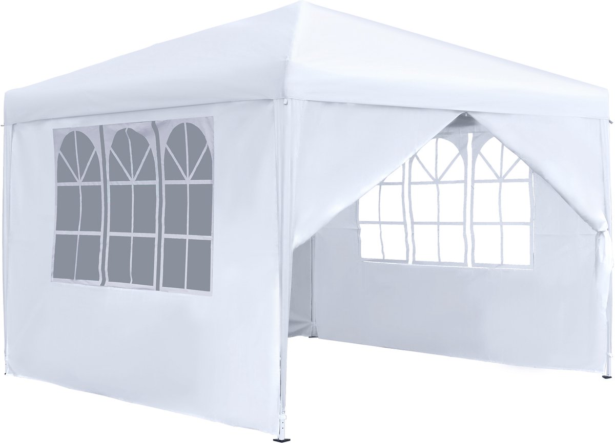 Aufun Paviljoen - tuinpaviljoen met 4 zijdelen en ramen - voor feestjes - partytent van Oxford stof - metalen frame - 3 x 3 m - wit