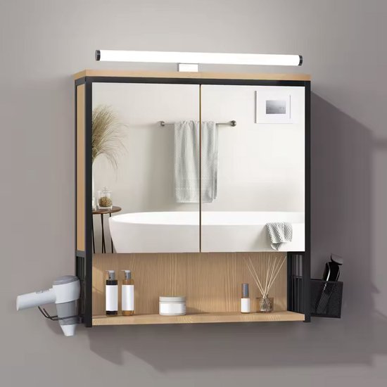VASAGLE Wall Cabinet, Bathroom Cabinet, 2 Door Cabinets with Adjustable Shelf, Hair Dryer Holder, Mesh Brush Holder, Industrial Style, Rustic Brown and Black BBK123B01