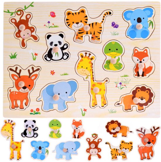 Dieren - Houten puzzels voor kinderen 1 jaar / 2 jaar / 3 jaar - Educatief speelgoed - Cadeau jongen / meisje - Baby / Dreumes / Peuter - Traktatie - Uitdeelcadeaus