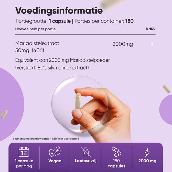 Voedingsinformatie voor mariadistel capsules. Portiegrootte: 1 capsule. 180 porties. Bevat 2000 mg. Iconen voor vegan, lactosevrij en glutenvrij.
