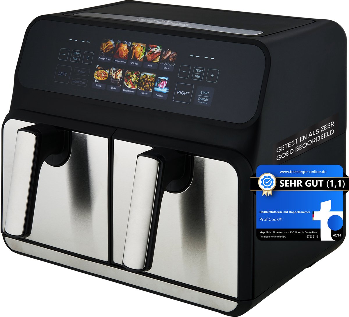 Afbeelding 3 van ProfiCook FR 1287 H - Dubbele Heteluchtfriteuse - 2 x 4 Liter - Met kleurendisplay - Touchscreen - 9 Programma's - 2 onafhankelijke kookzones