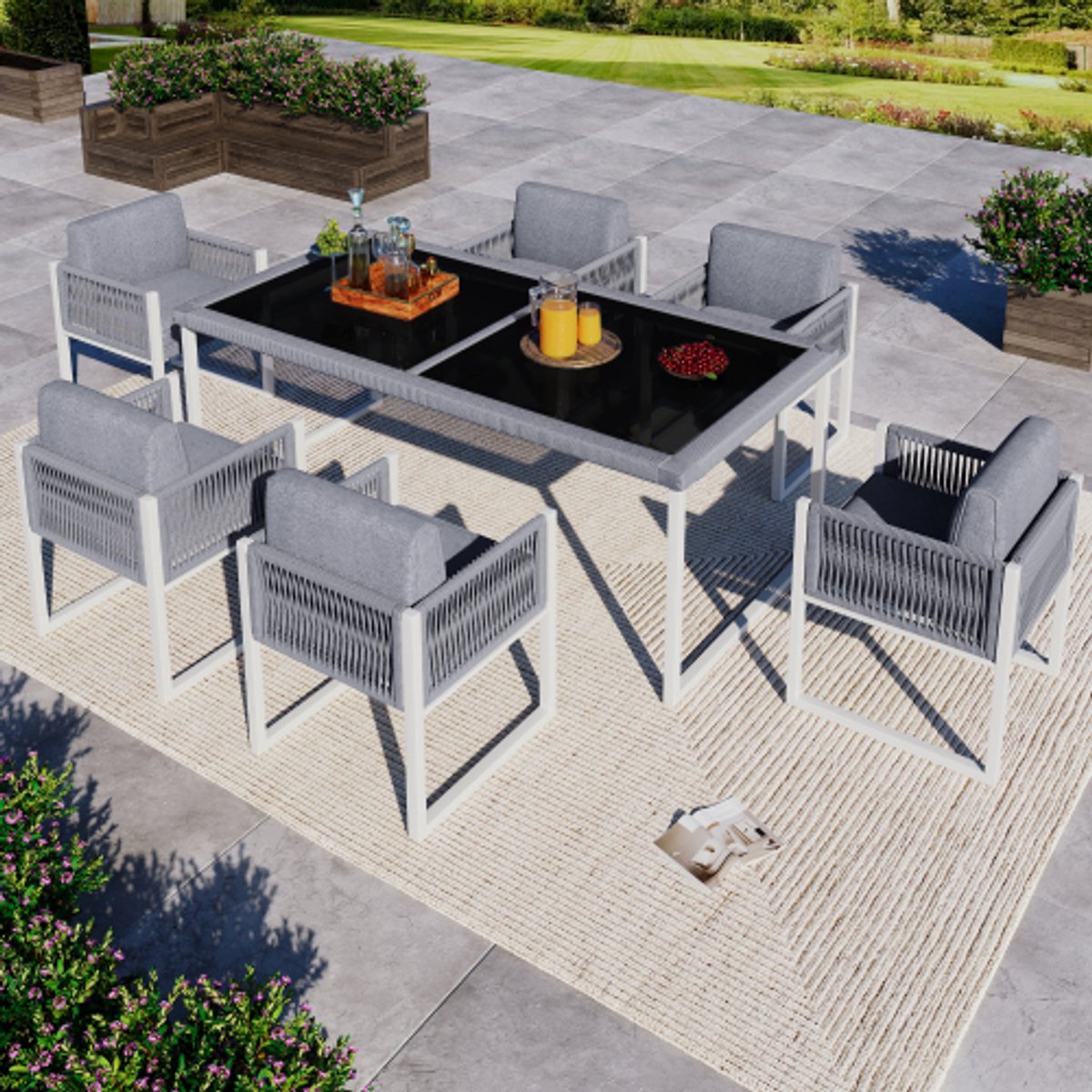 Rope eethoek, tuinmeubilair, 6-persoons tuin eethoek met fauteuils, afneembare en wasbare stoffen hoes