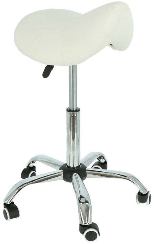Wit ergonomisch zadelkrukje op chroom onderstel met wielen.