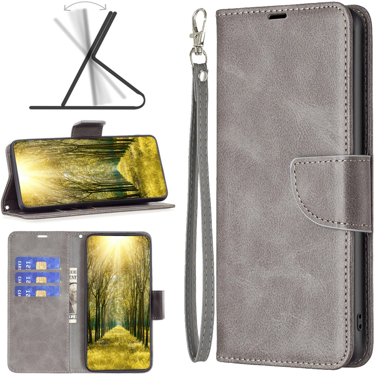 MobyDefend Hoesje - Geschikt voor iPhone 16e / iPhone 17e - Wallet Book Case Met Koord - Grijs