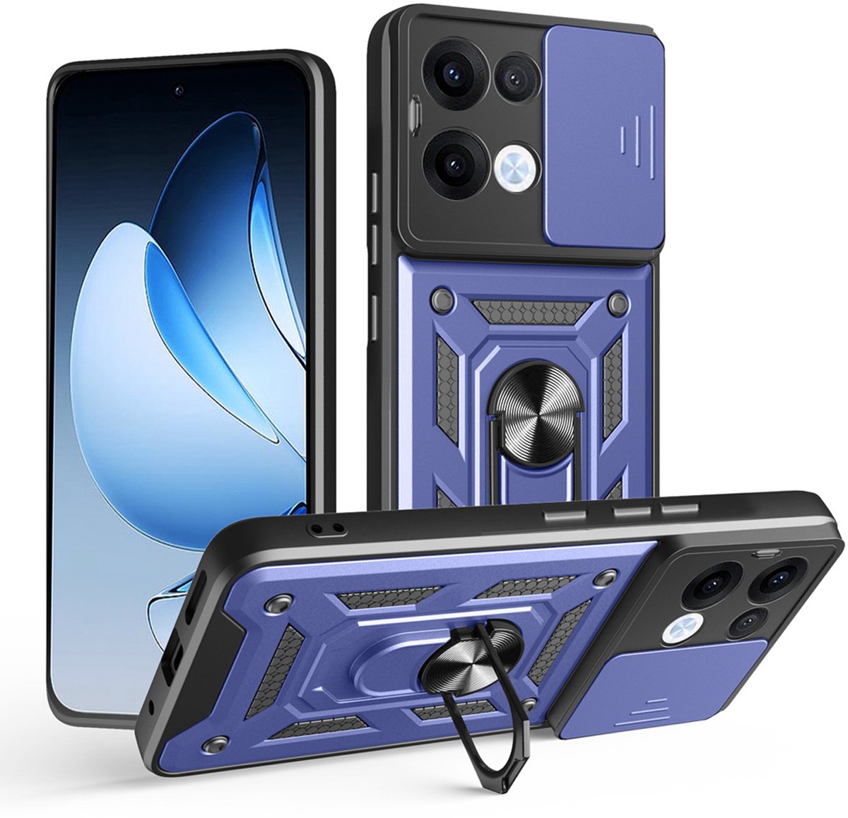 MobyDefend Hoesje - Geschikt voor Oppo Reno13 - Pantsercase Met Draaibare Ring - Blauw