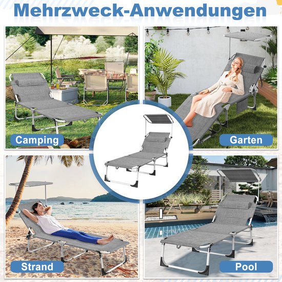 Zonneligstoel met dak, tuinstoel, outdoor ligstoel met hoofdkussen, strandstoel, inklapbaar, verstelbare rugleuning, zonwering tot 100 kg, voor strand, camping, balkon, terras, vlasgrijs — afbeelding 4