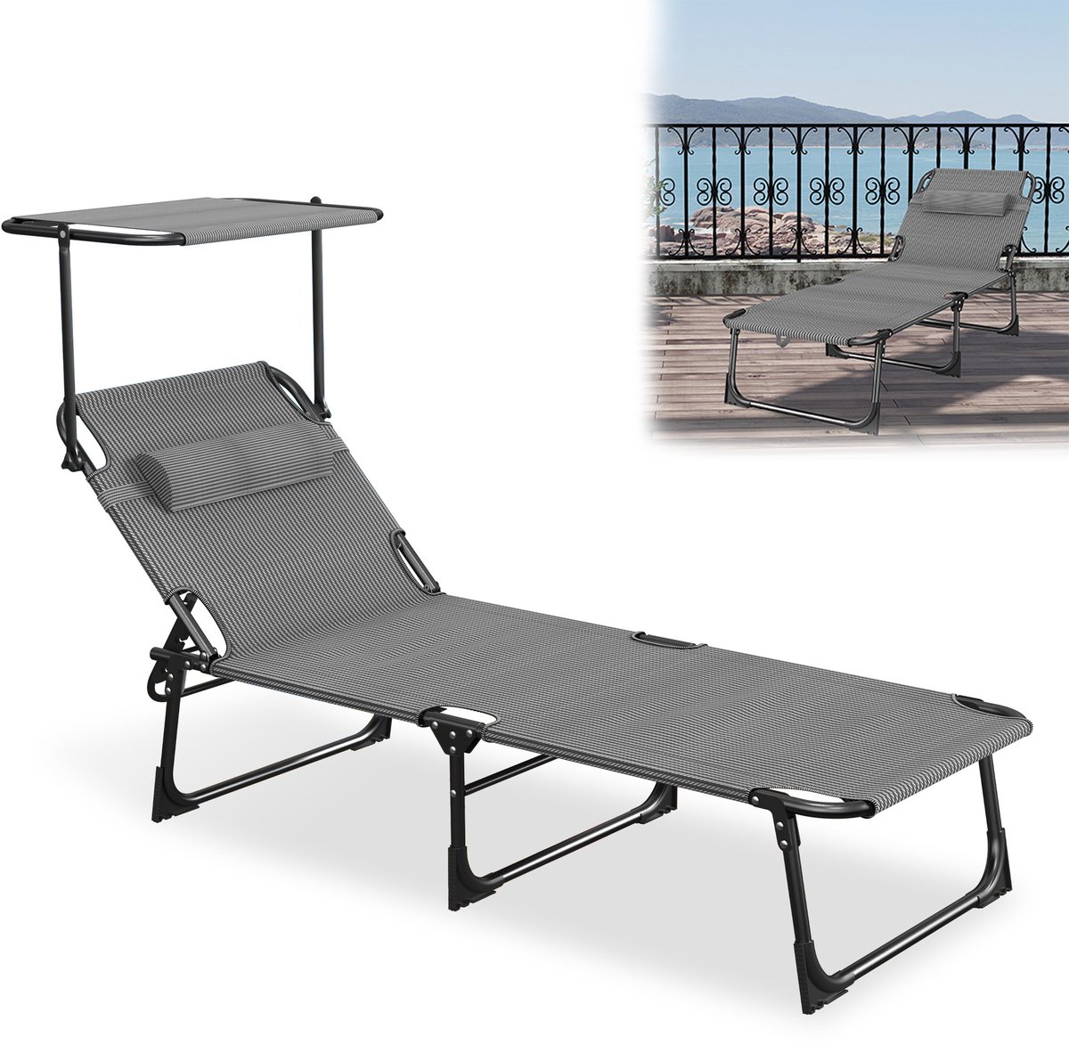 Zonneligstoel met dak, tuinstoel, outdoor ligstoel met hoofdkussen, strandstoel, inklapbaar, verstelbare rugleuning, zonwering tot 100 kg, voor strand, camping, balkon, terras, zwart