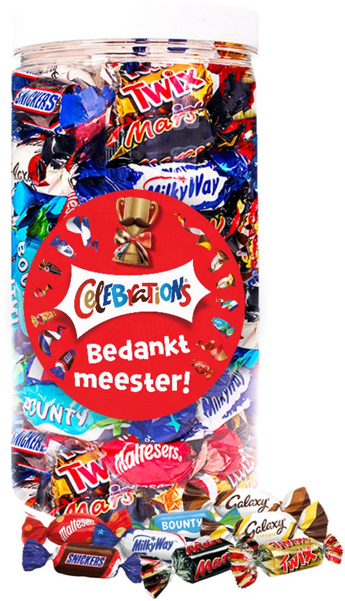 Mars Celebrations chocolademix "Bedankt meester!" - cadeau voor meester - Mars, Snickers, Twix, Bounty, Maltesers, Galaxy & MilkyWay - 580g