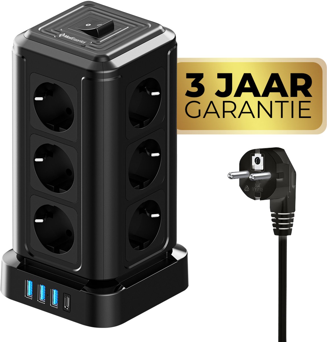 MostEssential Premium 16-Voudige Toren Stekkerdoos - USB-C 20W Snellader - Stekkerdoos met USB - Verlengsnoer - Stekkerdoos met Schakelaar - Overspanningsbeveiliging - Antislip - Zwart