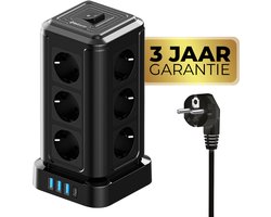 MostEssential Premium 16-Voudige Toren Stekkerdoos - USB-C 20W Snellader - Stekkerdoos met USB - Verlengsnoer - Stekkerdoos met Schakelaar - Overspanningsbeveiliging - Antislip - Zwart