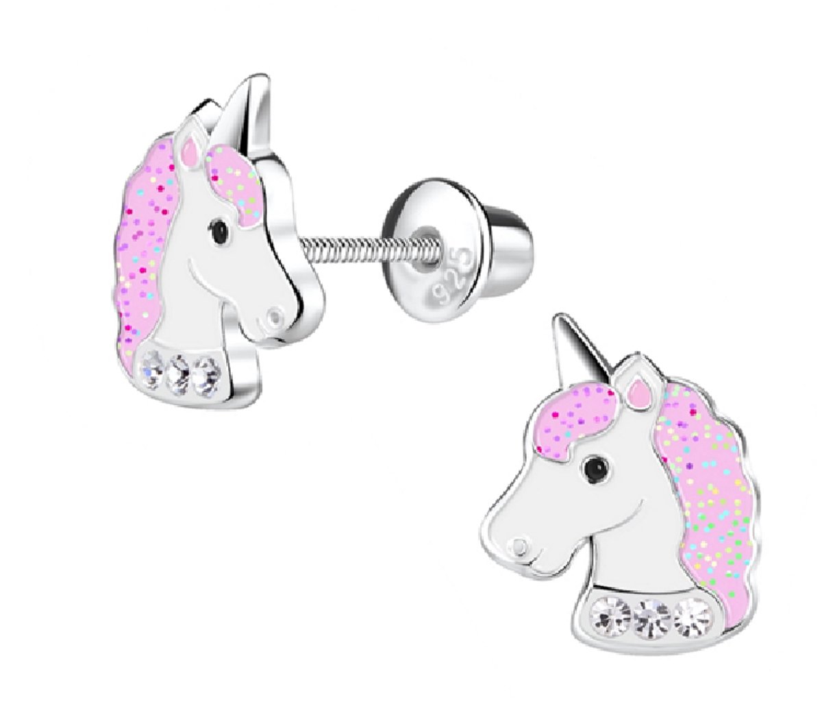 La Rosa Princesa Eenhoorn Kinder Oorbellen Zilver Met Schroefsluiting - Meisje oorknoppen met Roze Glitter