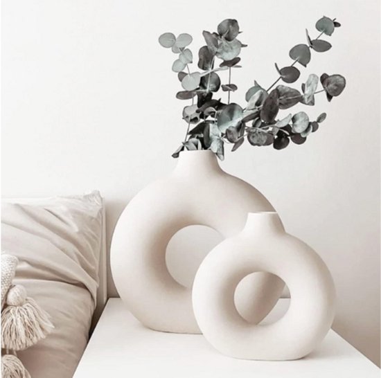 Keramische Vaas Voor Pampas Gras 2PCS Wit Large + Medium - Moderne Donut Vazen Voor Woonkamer Deco