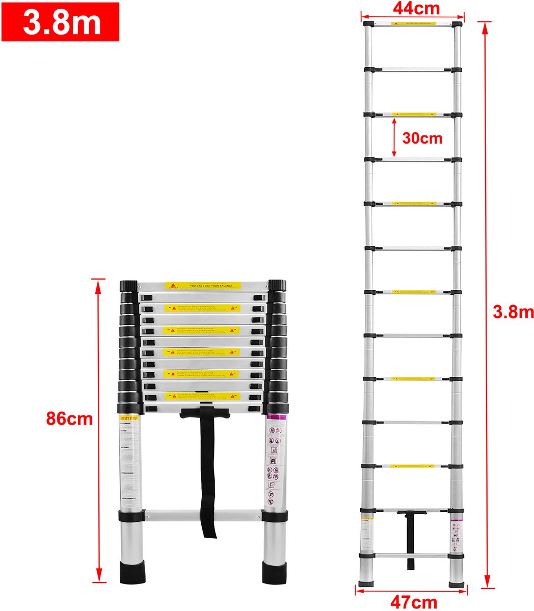 NAIZY Aluminium Telescopische Ladder Opvouwbaar 3.8M Multifunctionele Ladder Aanleunladder Multifunctionele Ladder Uitschuifbare Ladder 13 Treden Trapladder Gemaakt van Hoogwaardig Aluminium Draagvermogen 150KG – foto 2