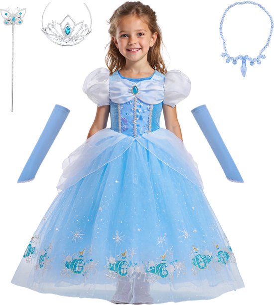 Joya Kids® Assepoester Verkleedjurk Meisjes | Prinsessenjurk Lichtblauw met Accessoires | Kroon, Staf, Handschoenen & Sieraden | Carnaval & Verjaardag | Maat 140