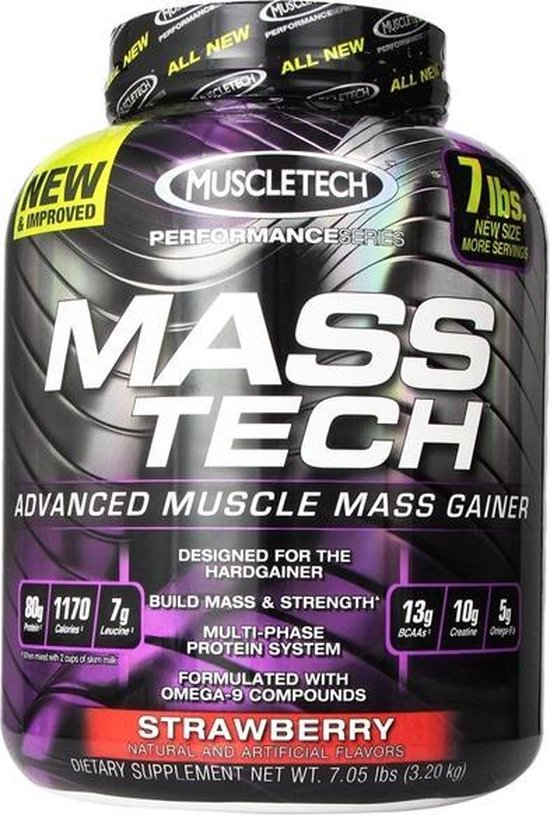 Muscletech Mass Tech Weight Gainer / Mass Gainer Aardbei 3200