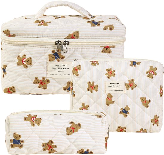 Skycases Travel Essentials - 3-delige Make-up Tas Set - Eco-vriendelijk Katoen - Gewatteerde Gebloemde Organizers - Etui Toilettasje - Toiletzak voor Dames - Ruim, Duurzaam en Ideaal voor Reizen