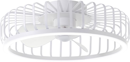 Witte plafondventilator met LED-verlichting en een metalen kooi.