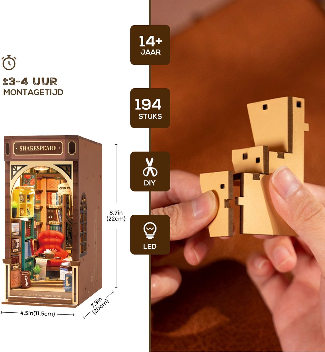 Robotime, DIY Book Nook Boekensteun Shakespeare's, TGB07, 20x11,5x22cm — afbeelding 5