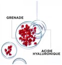 Granaatappel pitjes in schaaltjes met pipette en de tekst "GRANADE" en "ACIDE HYALURONIQUE".