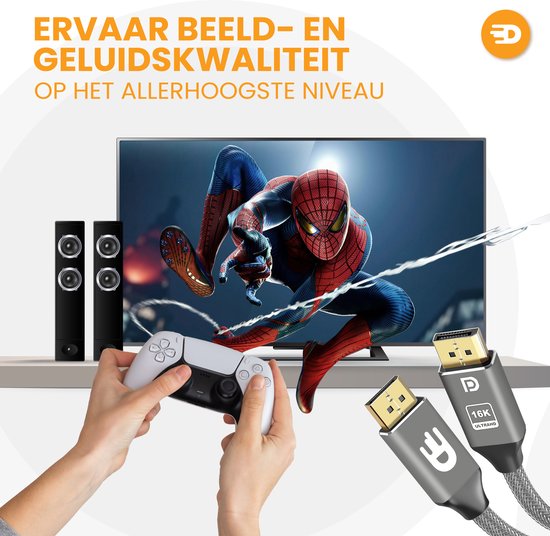 Scherm met Spiderman, PS5 controller in hand, en twee speakers. Twee DisplayPort kabels in beeld. Tekst: Ervaar beeld- en geluidskwaliteit op het allerhoogste niveau.