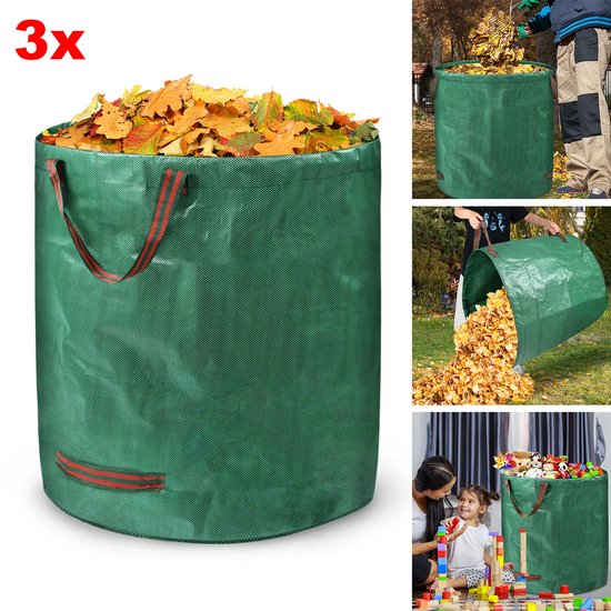 Sac à déchets de jardin 3 pièces 272 L, sac de jardin, sac à feuilles, sacs de jardin, 150 g/m², double fond, résistant aux UV, imperméable, pliable, réutilisable, pour feuilles et coupe verte, déchets de jardin