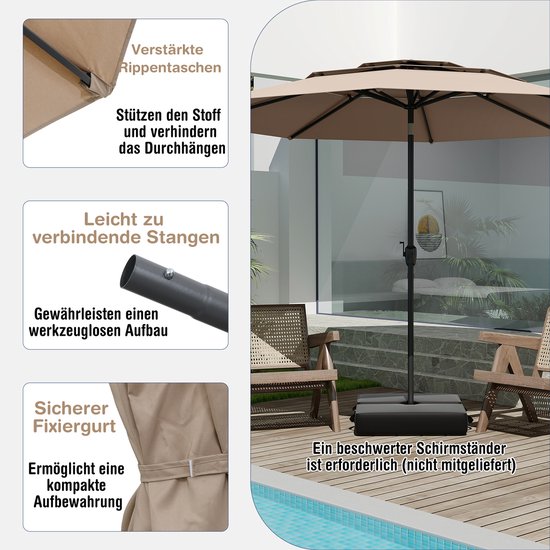 COSTWAY Parasol Inclinable 3m Toile Polyester Imperméable avec Cordon de Serrage 8 Baleines Ventilation pour Jardin Cour Café Beige - Jardin