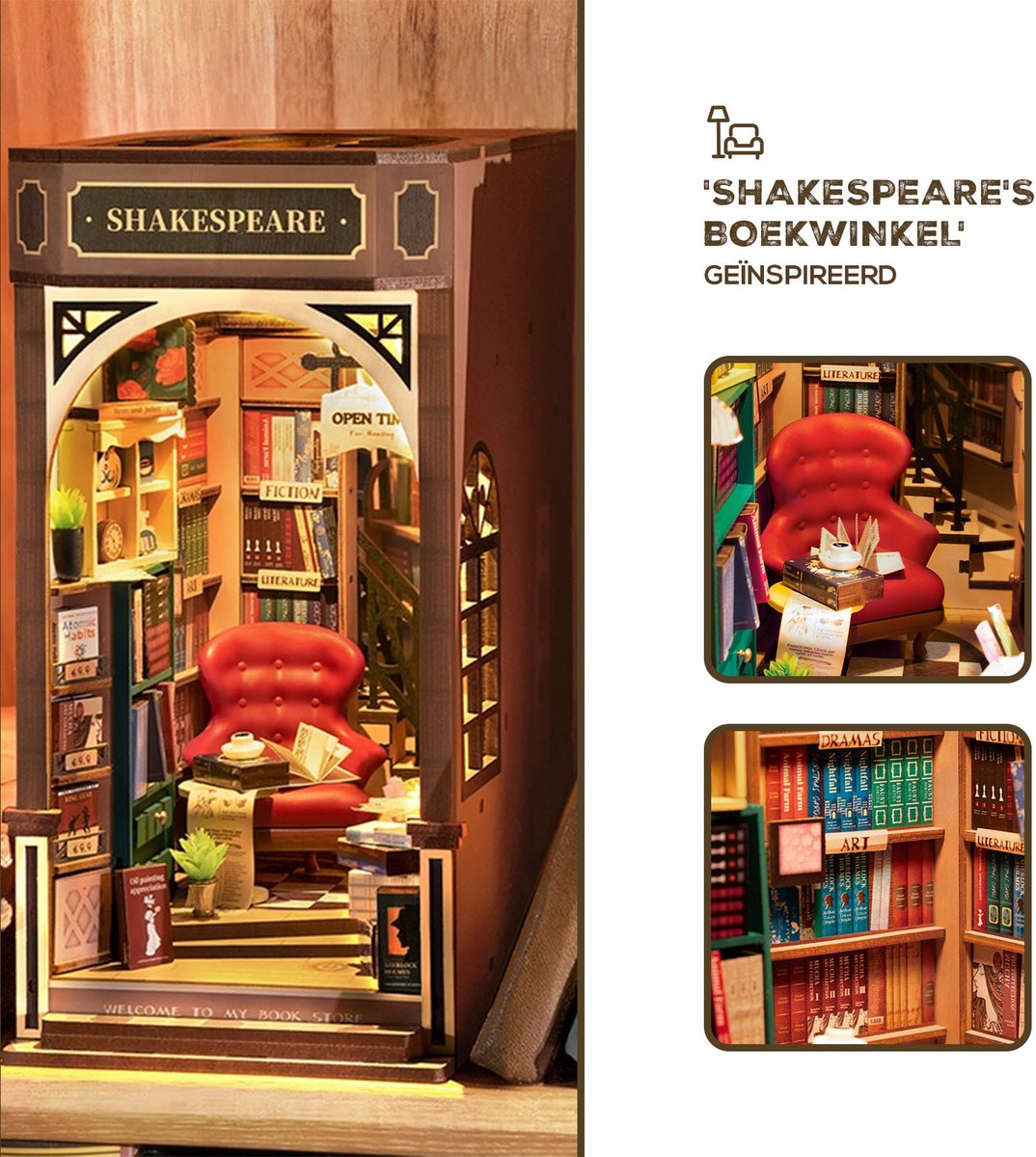 Robotime, DIY Book Nook Boekensteun Shakespeare's, TGB07, 20x11,5x22cm — afbeelding 2