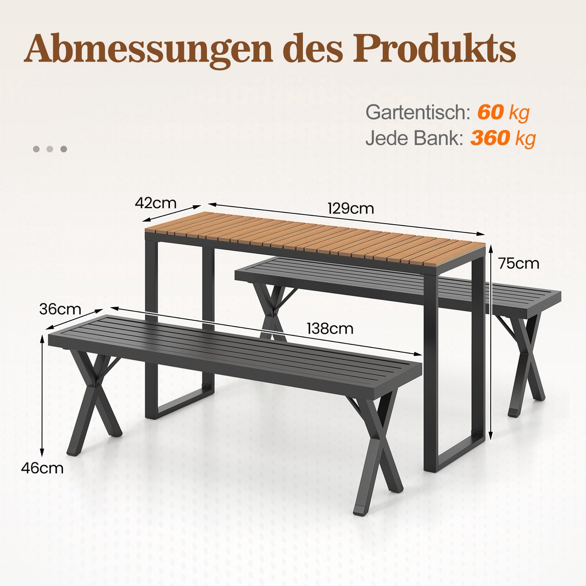 COSTWAY Tuintafel, weerbestendig, 129 x 42 cm, terrastafel met WPC-tafelblad en metalen frame, rechthoekige balkontafel, outdoor-eettafel voor balkon, terras, tuin thumbnail 6