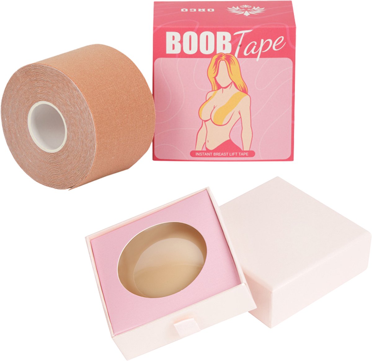ORCQ - Boobtape 5 Meter met Nipple Covers - Borst tape en Tepelplakkers - Fashion Tape - 5 cm breed - Beige/Nude
