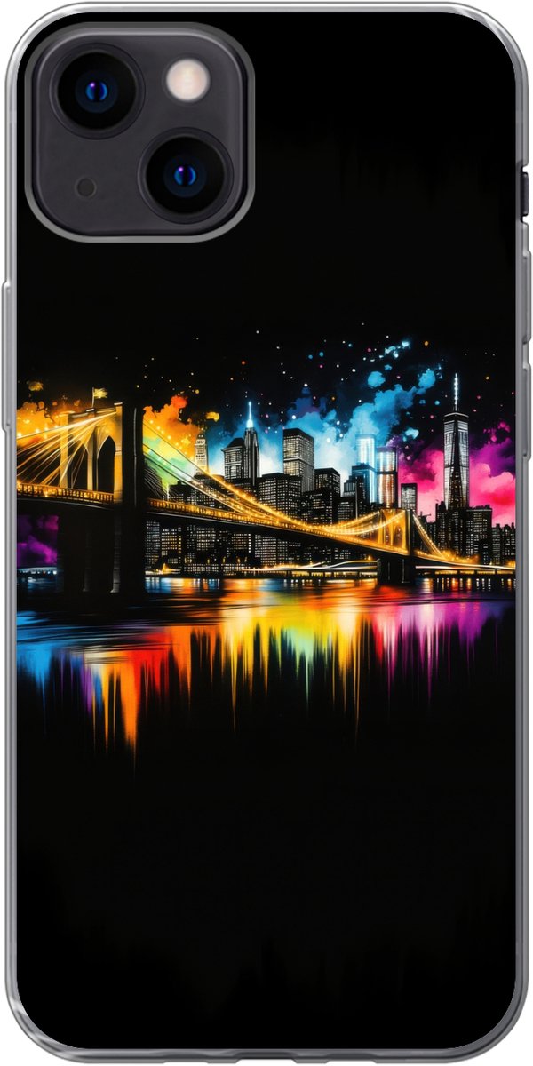 Telefoonhoesje Geschikt voor iPhone 13 hoesje - Skyline - Brug - Verlichting - Kleuren - Siliconen Telefoonhoesje Telefoonhoesje
