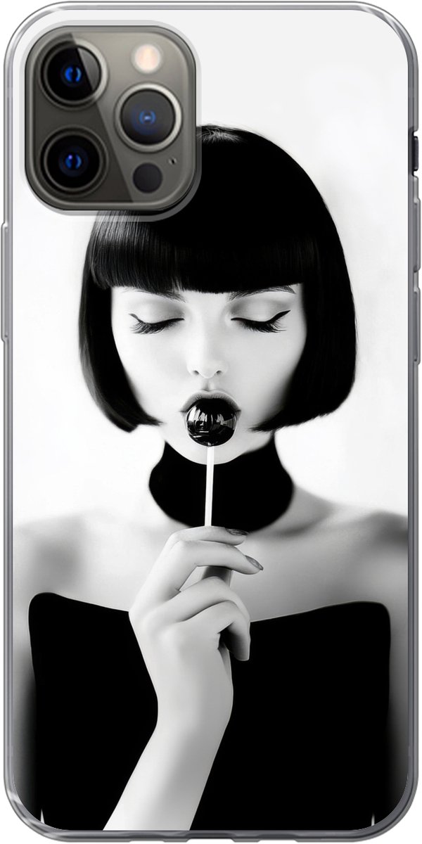 Telefoonhoesje Geschikt voor iPhone 12 Pro hoesje - Vrouw - Lolly - Zwart - Wit - Siliconen Telefoonhoesje Telefoonhoesje