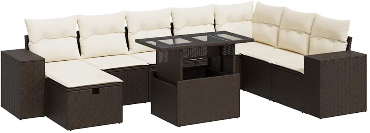 vidaXL 9-delige - Loungeset - met - kussens - poly - rattan - bruin