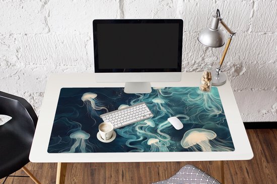 Muismat XXL 120x60 cm - Bureau onderlegger - Bureau mat Kwallen - Zee - Wit - Golven - Bureaumat - Gaming mousepad xl - Bureaulegger groot - Computer deskmat