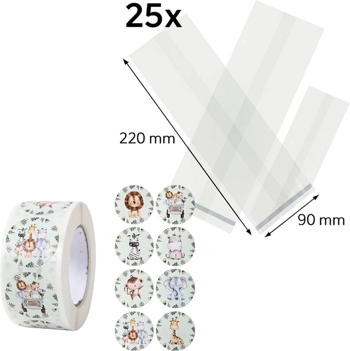 25x Uitdeelzakjes met Jungle stickers | 220 x 90 mm | Traktatiezakjes | Kinderfeestje | Cellofaanzakjes | Cadeauzakjes | Snoepzakjes | Plastic Zakjes | Uitdeelzakjes kinderen | Cadeauzakjes Kinderen | Verpakkingszakjes Uitdeelcadeaus