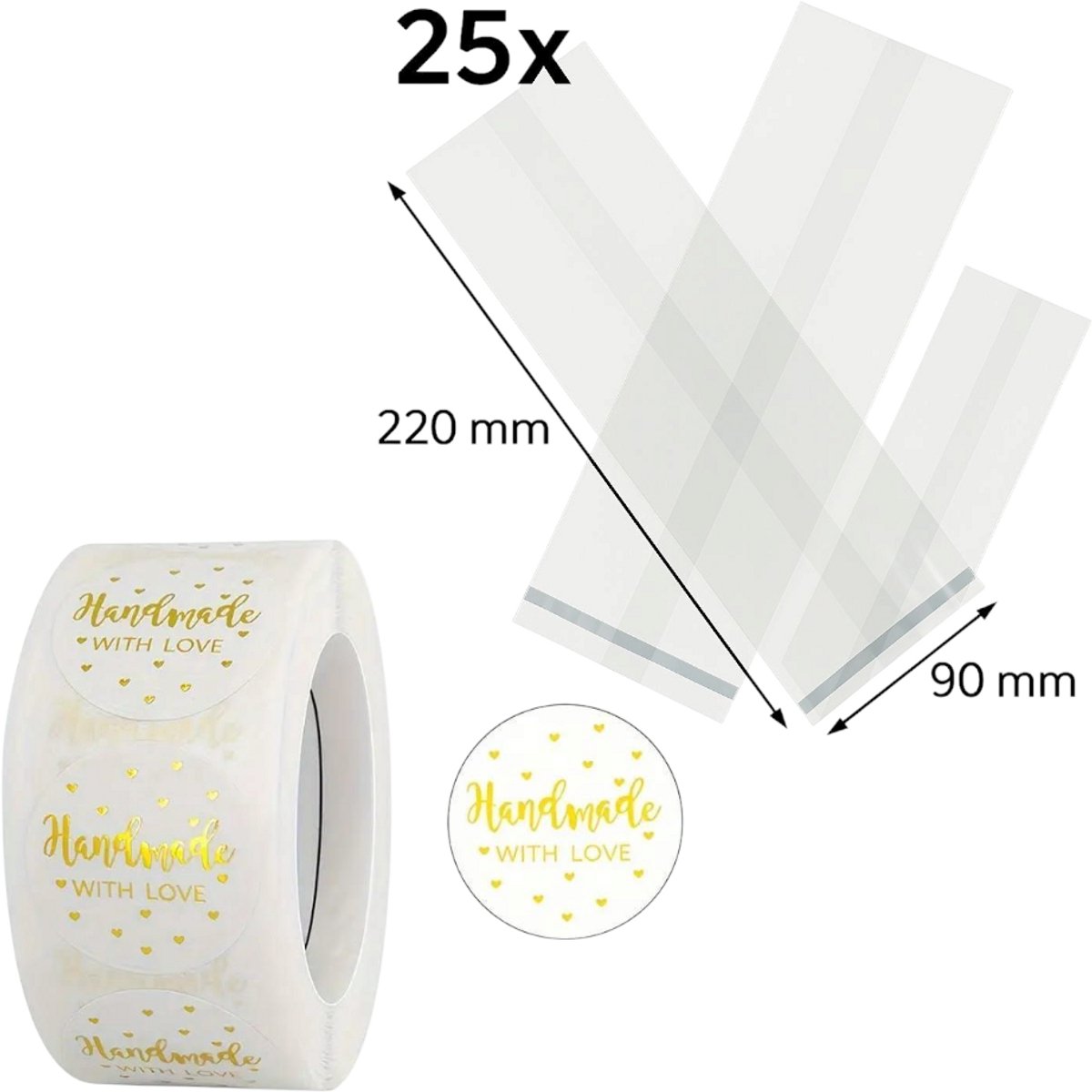 25x Uitdeelzakjes met Homemade with Love stickers Goud | 220 x 90 mm | Traktatiezakjes | Kinderfeestje | Cellofaanzakjes | Cadeauzakjes | Snoepzakjes | Plastic Zakjes | Uitdeelzakjes kinderen | Cadeauzakjes Kinderen | Verpakkingszakjes Uitdeelcadeaus