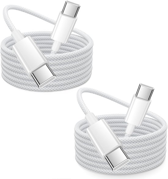 Twee witte USB-C naar USB-C kabels van 1 meter, gevlochten met aluminium connectoren.