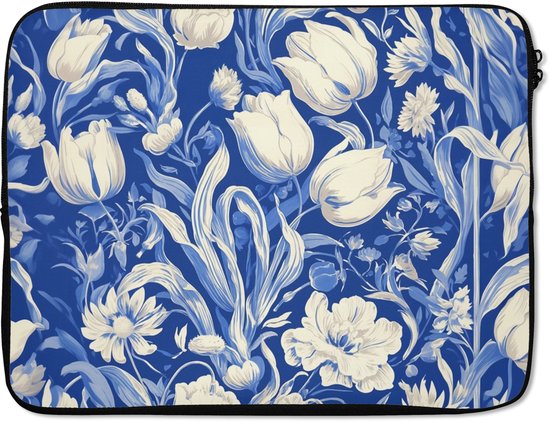 Laptophoes 15.6 inch - Bloemen - Delfts Blauw - Patroon - Tulp - Laptop sleeve - Binnenmaat 37x26 cm - Zwarte achterkant