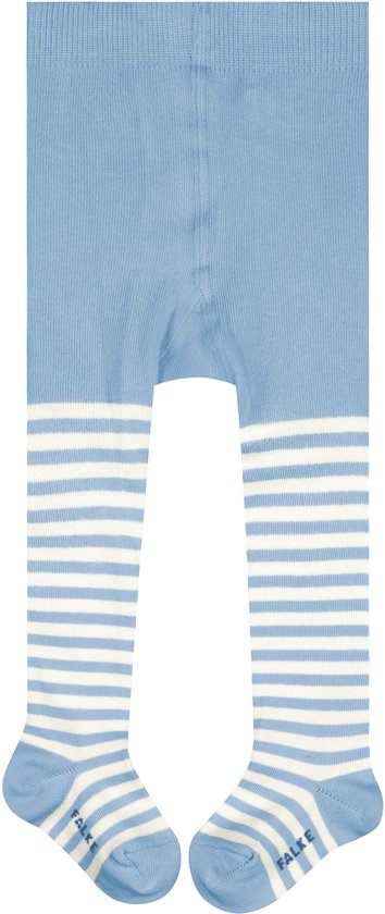 Lichtblauwe panty met horizontale witte en lichtblauwe strepen vanaf de knie. De voeten hebben ook strepen en het FALKE logo.