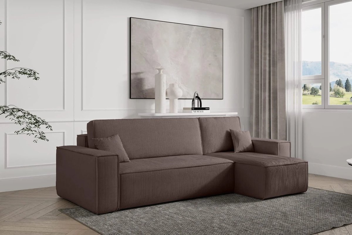 Hoekbank Frenkie - Universeel - Ribstof - Taupe - Slaapbank met opbergruimte - Lounge Links of Rechts - Direct Leverbaar - Hoekzetel - Chaise longue - Zetel met slaapgedeelte - 3 zits - Zitcomfort Medium