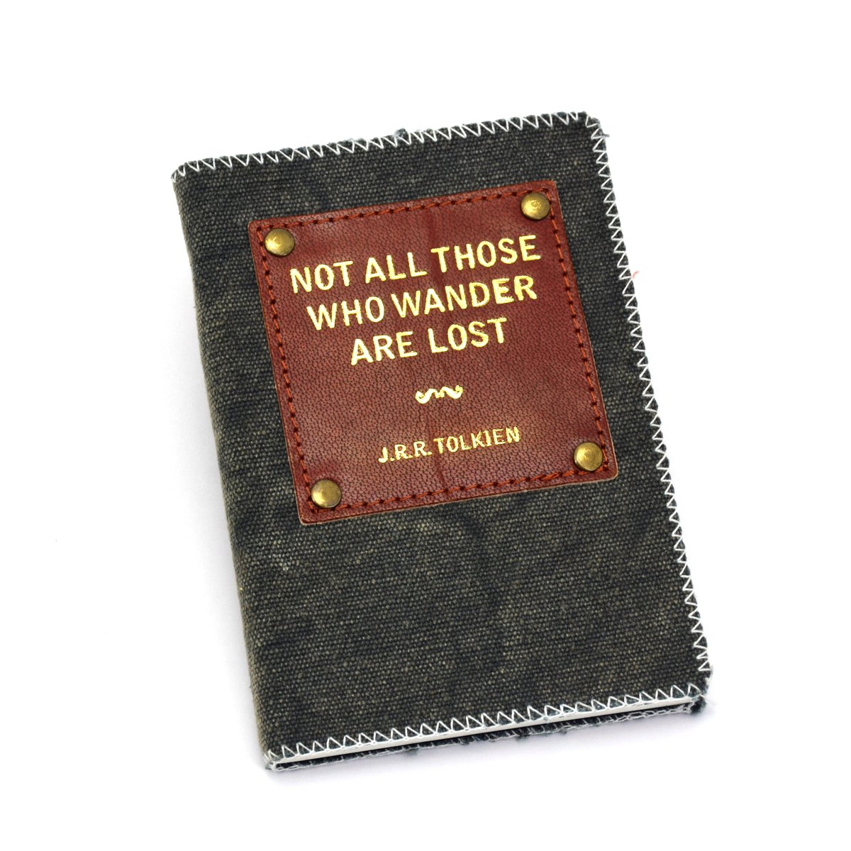 Notitieboek 15 x 10 cm met handgemaakte grijze canvas kaft, leren label en lijntjes papier