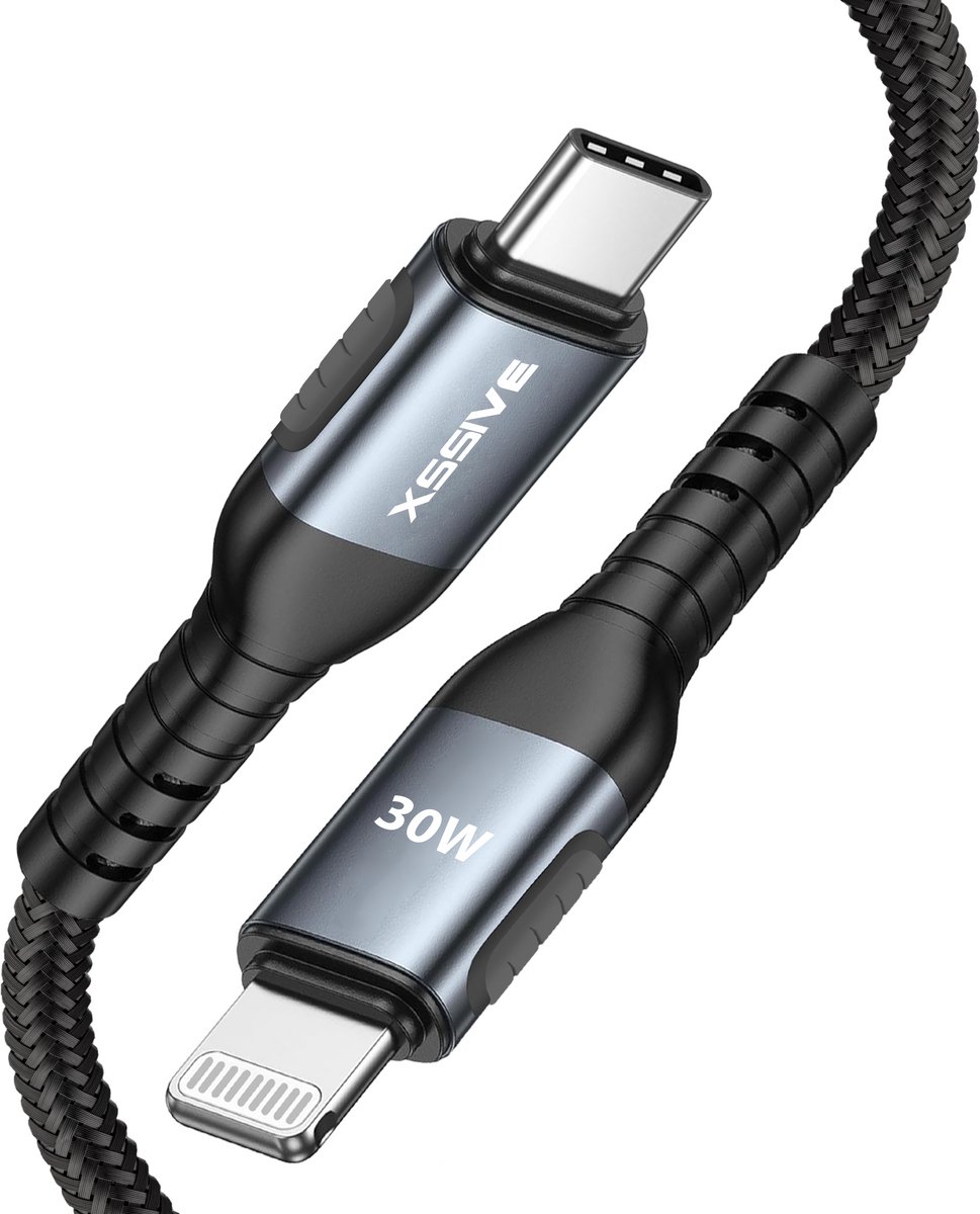 Xssive Gevlochten USB C Kabel - geschikt voor iPhone met Lightning - 27W - 1 Meter - Zwart