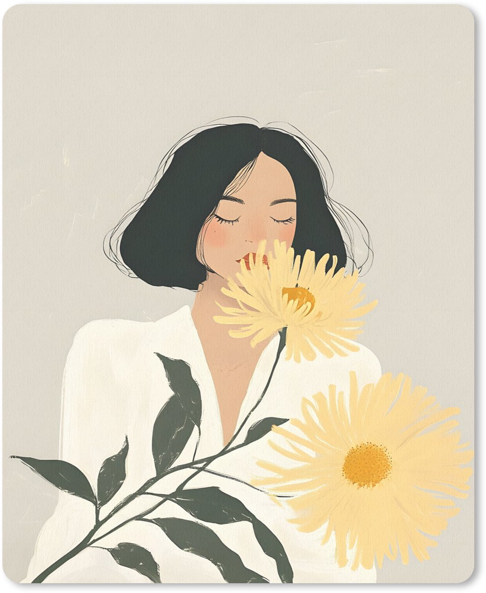 Muismat 19x23 cm - Mousepad Vrouw - Bloem - Geel - Minimalistisch - Muismatten