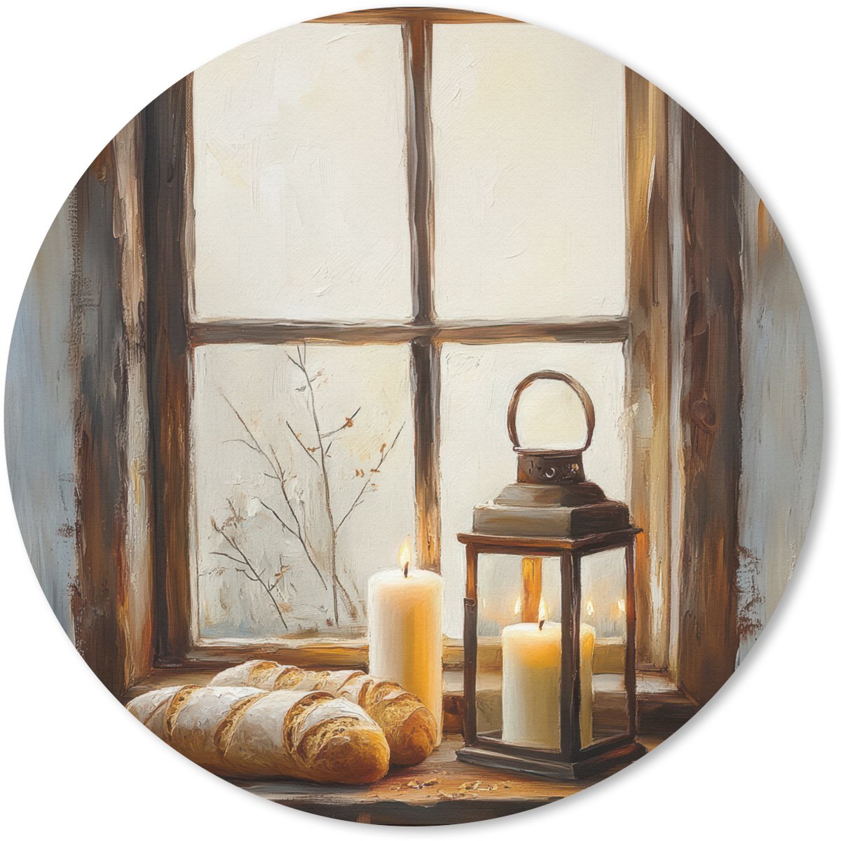 Muismat rond 50x50 cm - Mousepad Stilleven - Rustiek - Kaarsen - Broden - Raam - Ronde muismatten