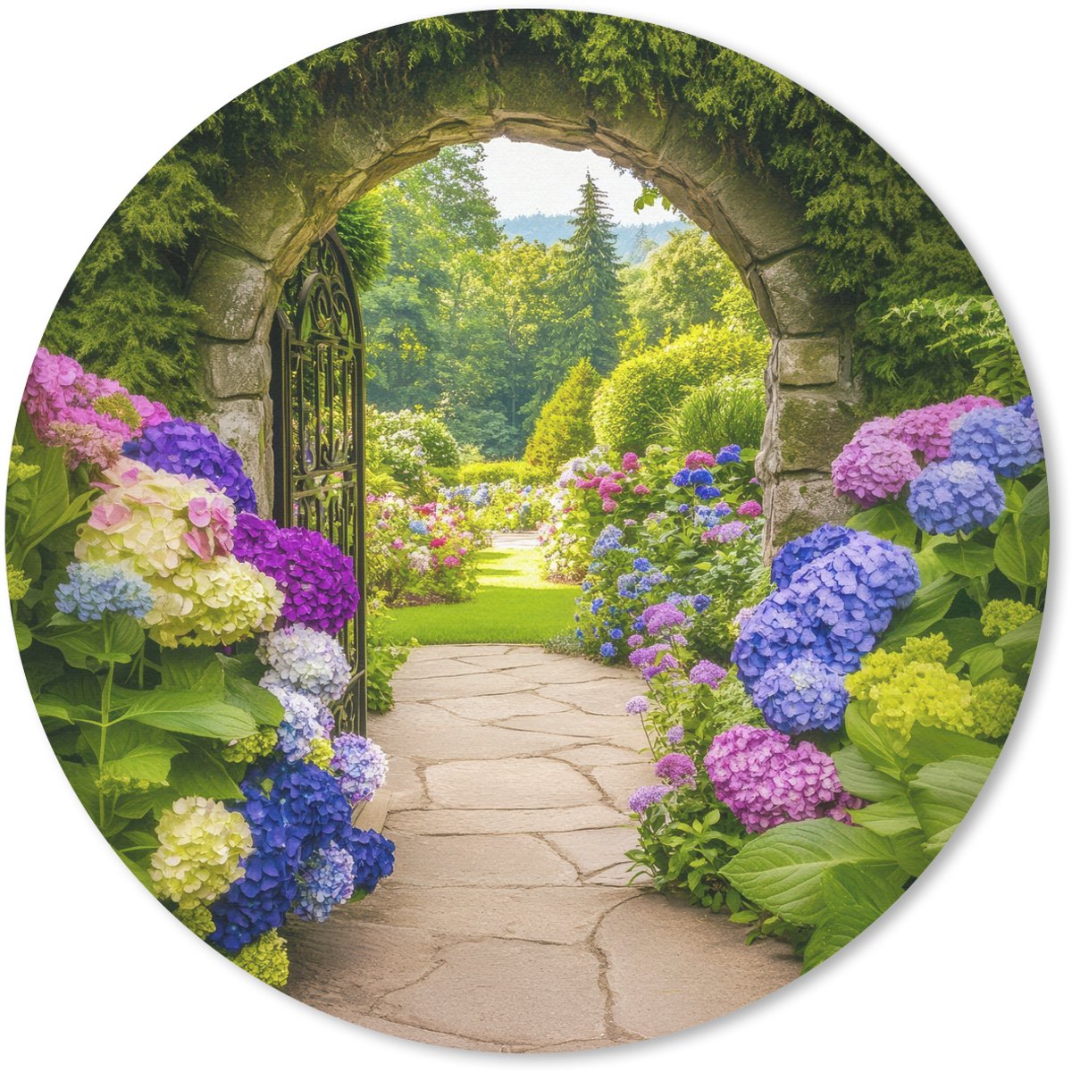Muismat rond 20x20 cm - Mousepad Doorkijk - Poort - Hortensia - Bloementuin - Ronde muismatten