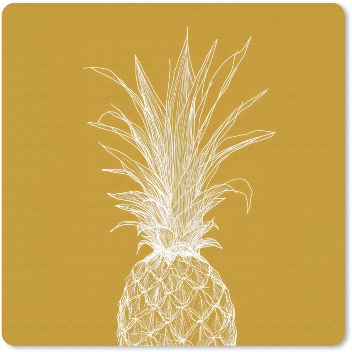 Muismat 30x30 cm - Mousepad Lijnillustratie - Ananas - Bladkroon - Okergeel - Muismatten
