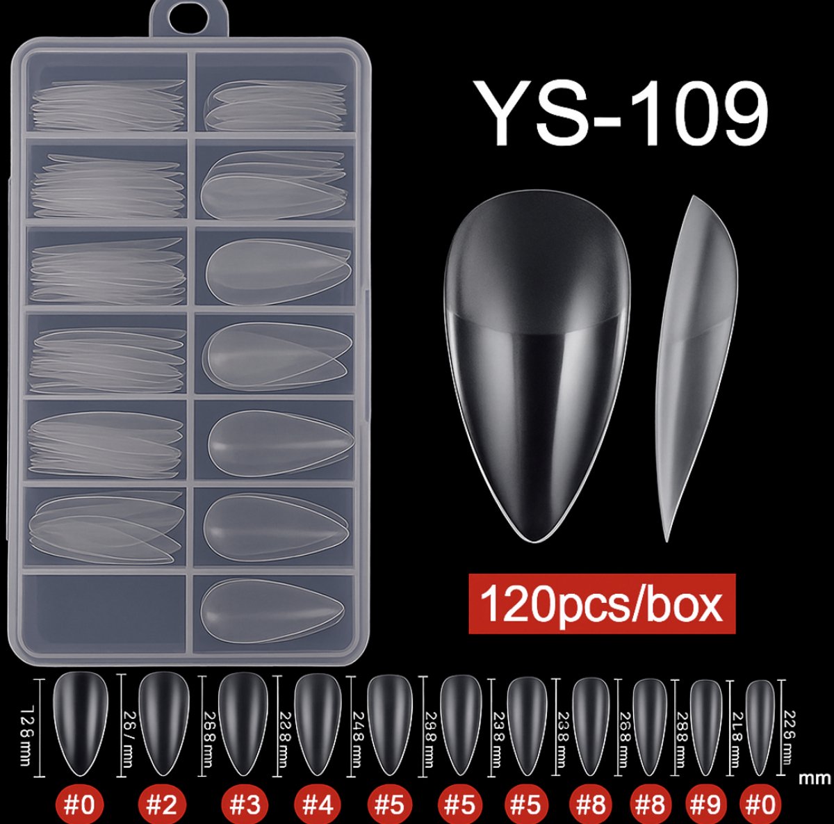 Nifkos 109 - Oval Almond Long Binnen en Buiten Full Frosted - Full Cover - Nageltips - Nepnagels - Plaknagels - In Assortimentsbox - 120 stuks 12 maten - Voor Gellak Acrylnagellak en PolyGel nagels - Frosted Tips Line