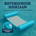 Lichtblauwe waterhangmat met verstevigde naden en versterkte randen. Geschikt voor 120 kg.