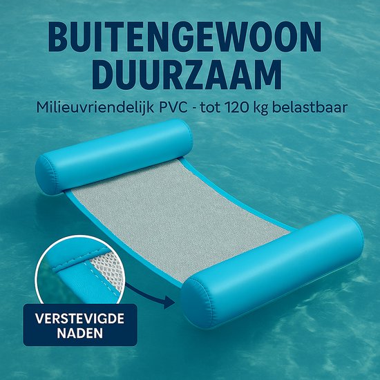 Lichtblauwe waterhangmat met verstevigde naden en versterkte randen. Geschikt voor 120 kg.