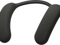 Zwarte Sony nekband speaker met stoffen bekleding, zijaanzicht.